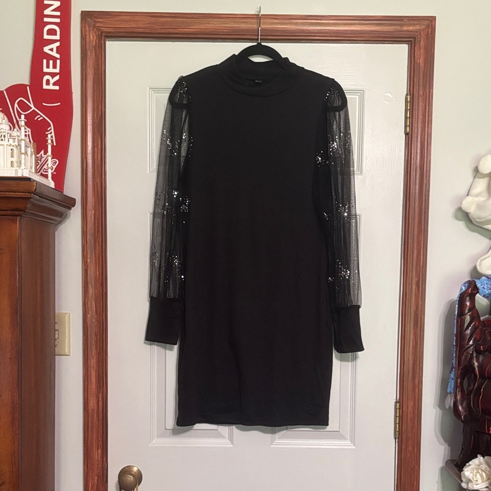 SHEIN Black Dress with Sheer Sequin Sleeves